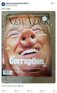 Governor Newsom Press Office ❤ @GovPressOffice 0 " Quiet, piggy. Plas Bringing Up Theyby, Gender-Creative Parenting by Alex Marris/A Boy Caught Between MS-13 and ICE by Hook Dreier Hideaway Islands NEW YORK Collusion Not Cruelty... April 2-15, 2018 Not Incompetence... It's the Corruption Why His Self-Dealing Is His Biggest Political Liability By JONATHAN CHAIT 501 Days of Trump & Co. Stealing America Blind Stupid. 10:17 AM · Nov 18, 2025.1M Views 1.4K 15K ❤ 131K ☐ 1.4K