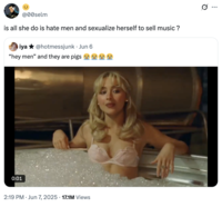 A "quote-tweet":https://knowyourmeme.com/memes/quote-retweets-qrts of the original "Hey Men" and They Are Pigs "tweet":https://knowyourmeme.com/memes/sites/twitter-x about a clip from the "Sabrina Carpenter":https://knowyourmeme.com/memes/people/sabrina-carpenter music video for her song "Manchild."