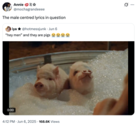 A "quote-tweet":https://knowyourmeme.com/memes/quote-retweets-qrts of the original "Hey Men" and They Are Pigs "tweet":https://knowyourmeme.com/memes/sites/twitter-x about a clip from the "Sabrina Carpenter":https://knowyourmeme.com/memes/people/sabrina-carpenter music video for her song "Manchild."