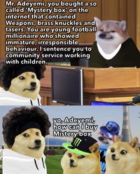 Mr. Adeyemi, you bought a so called 'Mystery box' on the internet that contained Weapons, brass knuckles and tasers. You are young football millionaire who showed immature, irresponsible behaviour. I sentence you to community service working with children. yo, Adeyemi, how can I buy Mistery box