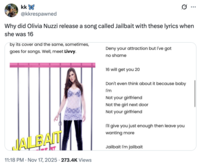 X user @kkrespawned tweeted, "Why did Olivia Nuzzi release a song called J------- with these lyrics when she was 16."