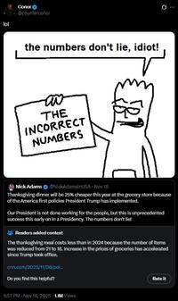 A meme refuting the idea that Thanksgiving dinner 2025 will be cheap because of Trump.