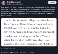 Keith Olbermann responded to Ryan Lizza alleging that he paid for Olivia Nuzzi's college and room and board when she first moved to New York. Olbermann and Nuzzi have a 34-year age difference. 