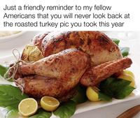 Just a friendly reminder to my fellow Americans that you will never look back at the roasted turkey pic you took this year
