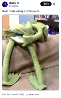 X user @magills_ posted a Kermit puppet showing holding his bottom open like Goatse, gathering over 5,000 likes on a post captioned, "Olivia Nuzzi writing a profile piece."