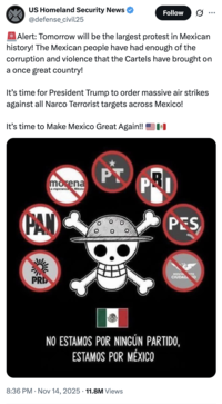 X account @defense_civil25 tweeted, "🚨Alert: Tomorrow will be the largest protest in Mexican history! The Mexican people have had enough of the corruption and violence that the Cartels have brought on a once great country! It’s time for President Trump to order massive air strikes against all Narco Terrorist targets across Mexico! It’s time to Make Mexico Great Again!! 🇺🇸🇲🇽"