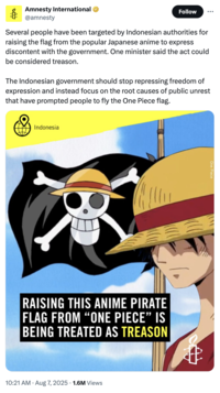 X user @amnesty tweeted, "The Indonesian government should stop repressing freedom of expression and instead focus on the root causes of public unrest that have prompted people to fly the One Piece flag."