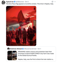 X user @3SkullJoe tweeted, "The One Piece flag appears at another protest. This time in Naples, Italy."