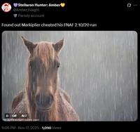 Stellaron Hunter: Amber @Amber_Foxgirl Parody account Found out Markiplier cheated his FNAF 2 10/20 run II GIF ALT http://gilladeiladri.tumblr.com/ 9:06 PM - Nov 17, 2025 1,090 Views