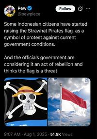 Pew Follow @pewpiece Some Indonesian citizens have started raising the Strawhat Pirates flag as a symbol of protest against current government conditions. And the officials government are considering it an act of rebellion and thinks the flag is a threat 9:07 AM Aug 1, 2025 51.5K Views •