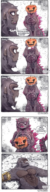 WHY ON HOLLOW EARTH ARE YOU WEARING A FRUIT ON YOUR HEAD? NTPERY-07 ART DID YOU SAY SOMETHING? 17/11/2025 W-- I ALMOST SUFFOCATED DUDE...WHAT HAPPENED TO YOU? NTPERY-07 17/11/2025 ART