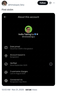 X user @himalayan_fairy tweeted, "First victim" alongside a screenshot of the account "Indians taking Ls" being "based" in Bangladesh.