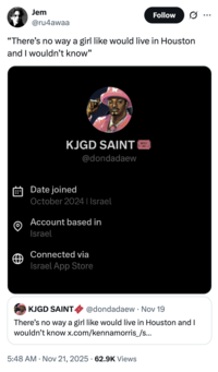 X user @ru4awaa posted an altered screenshot showing @dondadaew's account as based in Israel. 
