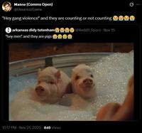 Mateo (Comms Open) @likeanoutlaww "Hey gang violence" and they are counting or not counting 6 arkansas didy totenham "hey men" and they are pigs @Reddit Spurs - Nov 15 12:17 PM - Nov 21, 2025 -849 Views