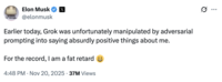 A "tweet":https://knowyourmeme.com/memes/sites/twitter-x from "Elon Musk":https://knowyourmeme.com/memes/people/elon-musk about the Grok glazing him update.