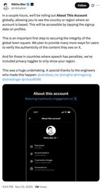 X user @nikitabier posted a tweet officially announcing the rollout of the "account based in" feature on X that shows a user's "country of origin."
