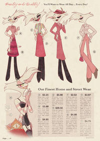 Beauty and Quality! - You'll Want to Wear All Day... Every Day! B A m F For bust cup types, see page 275 ① Page..... 47 Our Finest Home and Street Wear A $2.25 Bring some youth into your afterlife with this pastel wool sweater with waffle stitching. B $5.98 This wool skirt pairs well with either a sweater or a blouse for both smart and casual looks. $4.95 Rayon pastel candy-striped shirt with keyhole neckline. Vertical stripes will lengthen the figure, making tall sinners look even taller. $5.98 Elegant wool buckle skirt with soft, unpressed pleats that create a graceful draping effect. E $29.50 Look put together and ready for business in this two-piece suit, in a fabulous blend of rayon and pure wool worsted. Jacket is long-lined with wide lapels to create a strong, elongated silhouette. Dark pink ground with lighter pink menswear stripes. F $2.52 A classic staple for any closet; this long sleeved rayon blouse with front pocket utilises crisp, clean lines to create a smart and flattering look. Easy to dress up or down. G $4.98 Not only do these slacks enchance your faminine figure, they're also the smart choice for expanding your wardrobe. They fit beautifully and are suitable for business and leisure. $3.97 This luxurious brassiere is to die for! The cotton satin makes for a comfortable fit, with ribbing that provides firm uplift to create a lovely bustline. Lace detailing is sheer and will give you confidence both in and out of Overwear. $4.75 Matching luxurious lace elastic and cotton satin panty girdle is pretty and sleek fitting. Enhance your outfits with proper support. @artistmarchalius