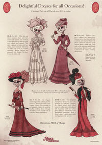 R Delightful Dresses for all Occasions! Carriage Paid on all Parcels over $10 in value $8.98 No. 667. This thin and sheer summer dress with lace inserts will ensure you coolness in the Hellish heat while keeping you refined and genteel. The skirt is joined to waist with lace girdle, and trimmed effectively on sides with rows of torchon insertion. Bishop sleeves are trimmed with French Val lace. Comes in white only. 666 $14.74 Rosie's Emporium, Cannibal Town Pentagram City 667 $8.98 668 $6.75 All garments are furnished as illustrated. When ordering please give your bust measure, waist measure and front long skirt measure. R $6.75 No. 668. Ladies two piece walking suit, blazer-style, Bishop sleeves are trimmed with cordovan satin bands. Worn with blouse with front fastening pearl buttons. Skirt is made four yards wide, with matching satin bands decorating. Look smart and sophisticated while walking about town. Add $1.75 if taffeta silk or Sinners satin liner is desired in the jacket. $14.74 No. 666. An elegant gown of graceful outline, just the gown for afternoon strolls in the coming season. Our example is in burgundy shade, in excellent Chiffon Taffeta, lined through silk with a novel shaped yoke of Cannibal Town embroidery. This delightful $7.96 No. 669. reception dress is just the garment to welcome company in. Open jacket with velvet revers at collar and cuffs; plisséd silk chemisette with lace collar. Dress fabric is embellished with Emoprium patterning. With a short train, it is both comfortable and appropriately opulent. 669 $7.96 Alterations FREE of Charge E Rise's EMPORTUM @artistmarchalius