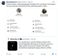 X user @MenchOsint tweet exposing scammers posing as people from Gaza to solicit donations.