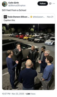 X user @2Bonus2Eruptus tweeted, "501 Feet From a School" in response to a post asking to caption the AI-generated image of a group of tech CEOs standing in a circle in a parking lot.