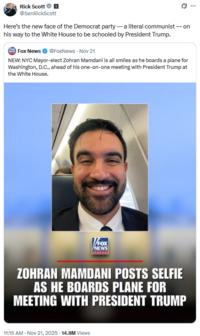 Florida Senator X user @SenRickScott tweeted, "Here’s the new face of the Democrat party — a literal communist — on his way to the White House to be schooled by President Trump." The post gathered over 2,000 likes in four days.