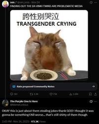 sen.' @sen_svss - Nov 24 FINDING OUT THE DA VINKI TWINS ARE PROBLEMATIC MEDIA 跨性别哭泣 TRANSGENDER CRYING Rate proposed Community Notes 361 t 3.3K The Purple One is Here @MemeLorbius ... 73K ill 3.9M 1 ... OKAY this is just about them stealing jokes thank GOD I thought it was gonna be something FAR worse... that's still s----- of them though 2:45 PM - Nov 24, 2025 - 173.3K Views
