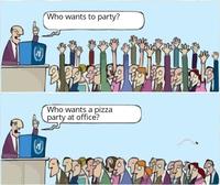 Who wants to party? Who wants a pizza party at office? หา