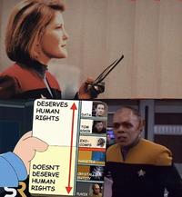 From ''Star Trek: Voyager'' 2x24 ''Tuvix'', Captain Kathryn Janeway (Kate Mulgrew) passes judgement on the human rights of Lieutenant Tuvix (Tom Wright). A chart divided into two halves of "Deserves Human Rights" and "Doesn't Deserve Human Rights" goes down from Data, Tom Riker and Exo-Comps to the Nanites, Crystalline Entity and Tuvix, thus sealing his fate.
