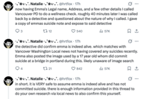 X user @hrtfox posted a thread supposedly proving Emma Onstott's death hoax by using posts from her YouTube channel to locate her hometown, deadname and voter registration information, and asking her hometown PD to do a wellness check on her.