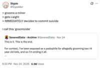 X user @Slypador tweeted, "> grooms a minor > gets caught > IMMEDIATELY decides to commit suicide / i call this 'groomicide'"