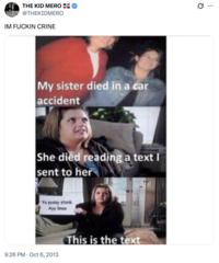 One of the earliest known uses of the "slang":https://knowyourmeme.com/memes/internet-slang "catchphrase":https://knowyourmeme.com/memes/cultures/catchphrases "I'm Crine" on "Twitter / X":https://knowyourmeme.com/memes/sites/twitter-x, from user @THEKIDMERO.