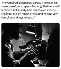 "He vampired billionairely across the room, his sweetly-softcore r---- vibes engulfed her small feminine self-inserty hair, she looked exactly like [you, the girl reading this], and he was very vampirey and mysterious..."
