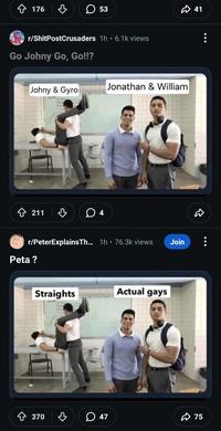 176 ♡ ☐ 53 r/ShitPostCrusaders 1h • 6.1k views Go Johny Go, Go!!? 41 Jonathan & William Johny & Gyro 211 4 r/PeterExplains Th... 1h 76.3k views Join Peta ? Straights Actual gays 370 R 47 75