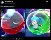 A tweet by @DeadLineSMB. The tweet expresses surprise about a Monkey Ball Miku Godzilla crossover.