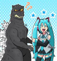 Art by X user @cmarshallartz. The art shows Godzilla and Miku as friends.