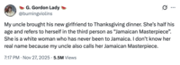 On November 27th, 2025, X user @burningviolins tweeted, "My uncle brought his new girlfriend to Thanksgiving dinner. She’s half his age and refers to herself in the third person as “Jamaican Masterpiece”. She is a white woman who has never been to Jamaica. I don’t know her real name because my uncle also calls her Jamaican Masterpiece." The post gathered over 70,000 likes in three days.