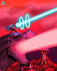 Art by TioSokaro. It shows Godzilla and Miku shooting beams together.