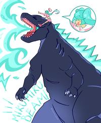 Art by @paranoid_ghosts. The art shows Miku riding Godzilla.