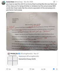 X user @beesinpjs quoted Samantha Fulnecky's essay, writing, "you have to read this s--- it's so funny they're acting like she was failed out of her class just for being christian or whatever but the actual essay (650 words btw lmao) reads like the unironic equivalent of the stomping turts perchance mario essay."