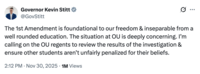 Oklahoma Governor Kevin Stitt weighed in on the Samantha Fulnecky OU Psychology Essay controversy, writing, "The 1st Amendment is foundational to our freedom & inseparable from a well rounded education. The situation at OU is deeply concerning. I’m calling on the OU regents to review the results of the investigation & ensure other students aren’t unfairly penalized for their beliefs."
