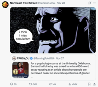 X user @SenatorLuma posted a "I think I miss my wife":https://knowyourmeme.com/memes/i-think-i-miss-my-wife meme that was edited to read, "I think I miss secularism," gathering over 14,000 likes in three days.