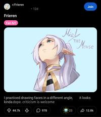 r/Frieren Frieren Fan Art • 12d Join Miel THE HE Mouse I practiced drawing faces in a different angle, kinda dope. criticism is welcome ✩ 44.7k ♡ ☐ 978 it looks 23 12.8k