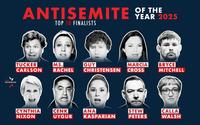 A list of the top 10 nominees for StopAntisemitism's Antisemite of the Year awards 2025. Ms. Rachel is in the running, alongside people like Tucker Carlson and Cenk Uygur.