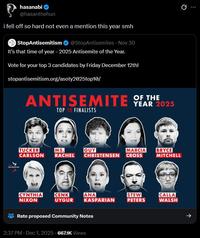A tweet by Hasan Piker. He reacts to not being nominated for Antisemite of the year.