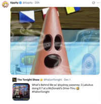 A "quote-tweet":https://knowyourmeme.com/memes/quote-retweets-qrts about the _The Tonight Show Starring_ "_Jimmy Fallon_":https://knowyourmeme.com/memes/people/jimmy-fallon segment with actress "Sydney Sweeney":https://knowyourmeme.com/memes/people/sydney-sweeney in which she had to guess that three "Labubu":https://knowyourmeme.com/memes/subcultures/labubu-toys toys doing the "67 Meme":https://knowyourmeme.com/memes/67-meme hand gesture at a "McDonald's":https://knowyourmeme.com/memes/subcultures/mcdonalds drive-thru were behind her.