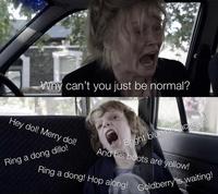 Why can't you just be normal? Hey dol! Merry dol! Ring a dong dillo! Bright blue his jacket is! And his boots are yellow! Ring a dong! Hop along! Goldberry is waiting!