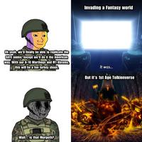 Oh yeah, we'll finally be able to replicate the GATE anime, except we'll do it the American way. With our A-10 Warthogs and M1 Abrams, this will be a fun turkey shoot. Wait... is that Morgoth? Invading a Fantasy world It was... But it's 1st Age Tolkienverse [
