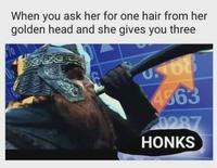 When you ask her for one hair from her golden head and she gives you three U68 4563 0287 HONKS