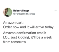 Robert Knop @FatherWithTwins Amazon cart: Order now and it will arrive today Amazon confirmation email: LOL, just kidding, it'll be a week from tomorrow