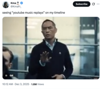 X user @KmaFr_ tweeted, "seeing “youtube music replays” on my timeline," alongside the Eric Dao 'Industry' GIF. The post gathered over 23,000 ikes in two days.